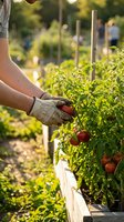 Caucasian farmer harvesting ripe tomatoes in sunny garden with wooden stakes and raised beds, wearing work gloves during summer produce picking.