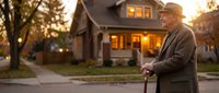 Senior Caucasian man with walking cane standing in front of suburban home during golden hour sunset, representing aging in place and retirement lifestyle.