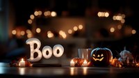 Glowing Halloween decoration with illuminated Boo sign, carved pumpkin lantern, and candles creating spooky atmosphere against blurred bokeh lights background.