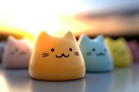 Cute kawaii cat shaped silicone night lights in pastel colors orange, blue and yellow arranged in row with soft bokeh background and sunset glow effect.