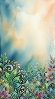 Watercolor background with ornamental floral border featuring gold leaf details, purple flowers, and green foliage. Soft blended sky in teal, cream, and peach tones. Isolated design element ready for invitations, greeting cards, and decorative projects.