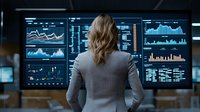 Caucasian businesswoman analyzing financial market data on multiple screens with charts, graphs and trading statistics in dark corporate office setting.