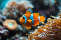 Vibrant clownfish swimming near coral anemone in tropical aquarium setting, displaying bright orange and white stripes with distinctive blue markings.