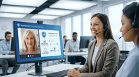 Professional businesswomen using video conferencing technology in modern office environment for remote communication and virtual meetings.