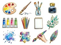 Artist supplies collection featuring paintbrush, palette, ink bottle, watercolor tubes, colored pencils, sketchpad, and decorative botanical elements. Isolated clipart set ready for design projects.