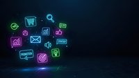 Digital marketing neon icons floating on dark background with glowing effects for business technology presentations and web design projects.