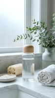 Minimalist bathroom spa setup with glass water bottle, eucalyptus plant, natural sponge and white towels on marble surface near bright window.