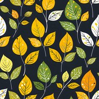 Seamless autumn leaves pattern with yellow, green and white foliage on dark background. Repeating botanical design for fabric, wallpaper and wrapping paper.