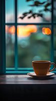 Coffee cup on windowsill at sunset with bokeh lights through window panes, creating cozy atmospheric mood for relaxation and contemplative moments.