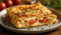 Creamy lasagna slice with fresh tomatoes and melted cheese layered between pasta sheets, garnished with herbs on gray ceramic plate, close-up view on wooden surface.