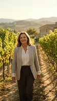 Confident middle-aged Caucasian businesswoman walking through vineyard rows at golden hour, wearing elegant blazer for wine industry and agriculture concepts.