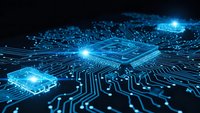 Futuristic computer processor chip with glowing blue circuits and data streams on dark background for technology and artificial intelligence concepts.