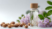 Glass bottle with wooden cap surrounded by lilac flowers and almonds on neutral background. Perfect for natural cosmetics, aromatherapy, or organic product branding.