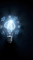 Glowing light bulb with brain filament surrounded by innovation icons including rockets, stars and molecular structures on dark background for creative concepts.