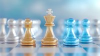 Chess pieces on blue and cream colored board showing king, pawn and strategic gameplay elements in soft focus. Modern business concept representing leadership and competition.