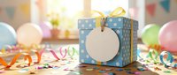 Blue polka dot gift box with blank round tag surrounded by colorful balloons and party decorations on wooden table for birthday celebrations.