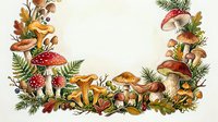 Autumn forest mushroom border with red toadstools, ferns and fallen leaves on transparent background for seasonal design projects and nature themes.