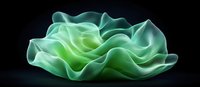 Glowing mint green abstract waves form ethereal sculpture against dark background, creating luminous flowing shapes with soft translucent layers and gentle curves.