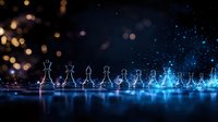 Glowing chess pieces lined up on reflective surface with magical blue light effect and bokeh background creating mystical game atmosphere.