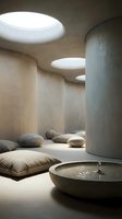 Modern minimalist spa interior with curved concrete walls, natural lighting through circular skylights, zen meditation space with stone bowl fountain and cushions.