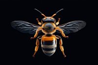 Detailed macro view of honey bee with spread wings against black background, showing intricate body structure and transparent wing pattern. Isolated specimen.