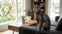 Young tabby kitten sitting on gray sofa in modern living room with large windows and houseplants creating cozy domestic atmosphere.