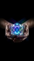 Hands holding glowing crystal orb with blue and purple light rays on black background, representing energy, spirituality, and mystical power for wellness and healing concepts.