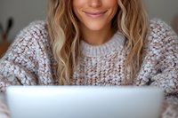 Young Caucasian woman with blonde wavy hair wearing cozy knit sweater smiles while working on laptop computer at home, cropped portrait showing genuine happiness.