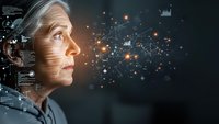 Senior businesswoman analyzing digital data network with glowing connections and analytics interface for technology presentations and corporate reports.