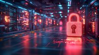 Glowing padlock icon in futuristic digital environment with red and blue neon lights, circuit patterns and data streams representing cybersecurity and digital protection.