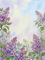 Lilac flowers in shades of purple and white bloom abundantly around the edges of this watercolor composition, with green foliage and soft sky background providing space for text or design elements.