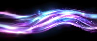 Glowing wavy lines with purple and blue neon light effects on black background, sparkling particles create dynamic flowing motion design element.