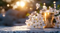 Glowing golden candle with delicate cherry blossoms at sunset, creating magical bokeh effect and peaceful atmosphere. Wellness and meditation concept.