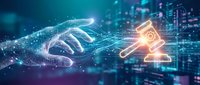 Digital hand reaching toward glowing warning alert icon in cyberspace. Cybersecurity threat notification, data breach alert, system vulnerability detection for tech security concepts.