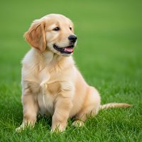 Adorable golden retriever puppy sitting on green grass with happy expression, tongue out, fluffy coat, outdoor pet portrait for family and animal content.
