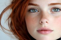 Close up portrait showing bright green eyes, natural freckles, and red hair against light background, expressing natural beauty and youthful features.