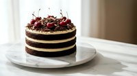 Chocolate layer cake with cream filling topped with fresh cherries on white plate, homemade dessert for celebrations and special occasions.