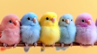 Five adorable fluffy baby chicks in pastel colors pink blue yellow sitting together on wooden perch against warm yellow background for Easter spring designs.