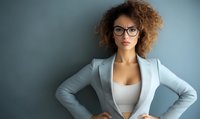 Mixed race businesswoman with curly hair and glasses wearing white blazer and tank top poses confidently against blue wall, hands on hips in professional portrait.