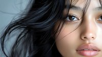 Young Asian woman with flowing dark hair and natural makeup showcasing beauty and skincare concepts for cosmetic and wellness industry applications.