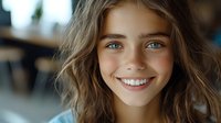 Young girl with long brown wavy hair and blue eyes smiling at camera in bright indoor setting, suitable for family, education, and lifestyle marketing materials.