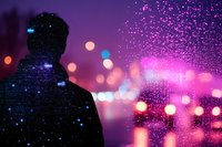 Silhouette of person against vibrant purple night cityscape with glowing bokeh lights and sparkling pink particles creating dreamy atmospheric effect.