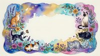 Watercolor floral frame with cute cats and kittens surrounded by flowers, leaves and butterflies creating decorative border for text or design projects.