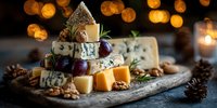 Gourmet cheese platter with blue cheese, aged cheddar and brie arranged on rustic wooden board with walnuts, grapes and pine cones against warm bokeh lights.