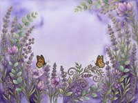 Watercolor floral frame with lavender flowers, green leaves and monarch butterflies on purple background for wedding invitations and romantic designs.