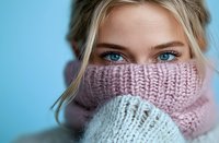 Young woman with intense blue eyes wearing cozy pink and white knitted winter scarf covering half face against blue background. Close up portrait showing expressive gaze.