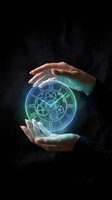 Hands holding glowing holographic clock with gears and roman numerals on dark background, representing time management and technology.
