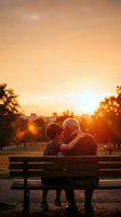 Senior Caucasian grandfather and young grandson sitting together on park bench during golden hour sunset, sharing intimate bonding moment in urban setting.
