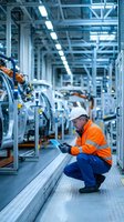 Industrial worker in safety gear using tablet computer on modern automotive assembly line for quality control and manufacturing process monitoring.
