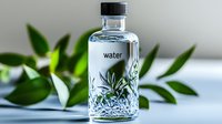 Clear glass bottle of water with botanical elements inside, labeled simply "water" against blurred green foliage background for wellness and hydration concepts.